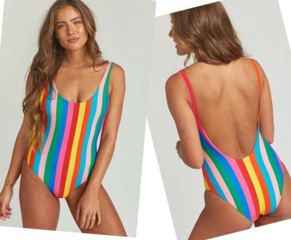 Mumu Mermaid Topanga rainbow stripe low back scoop one piece bikini Small NWOT